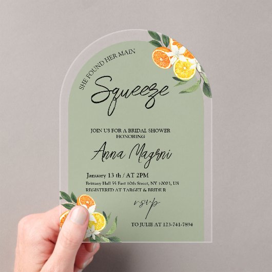 Citrus Sie fand ihr Haupt-Squeeze-Brautparty Acryleinladungen (Insitu (Handheld))