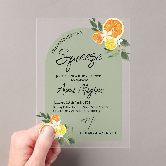 Citrus Sie fand ihr Haupt-Squeeze-Brautparty Acryleinladungen (Insitu (Handheld))