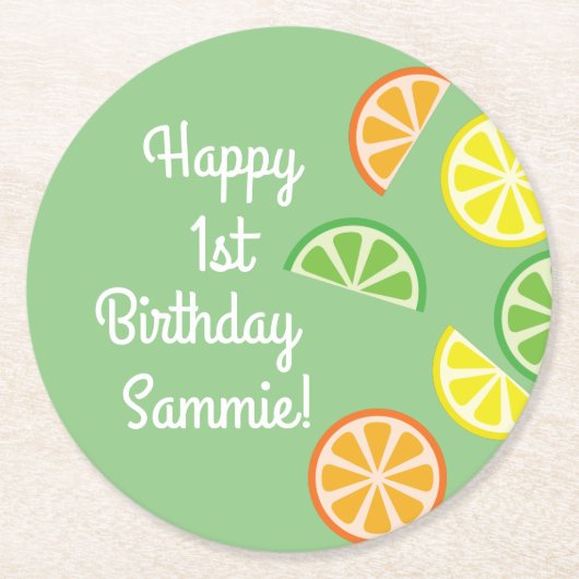Citrus Slice Kid's Birthday Summer Runder Pappuntersetzer (Vorderseite)
