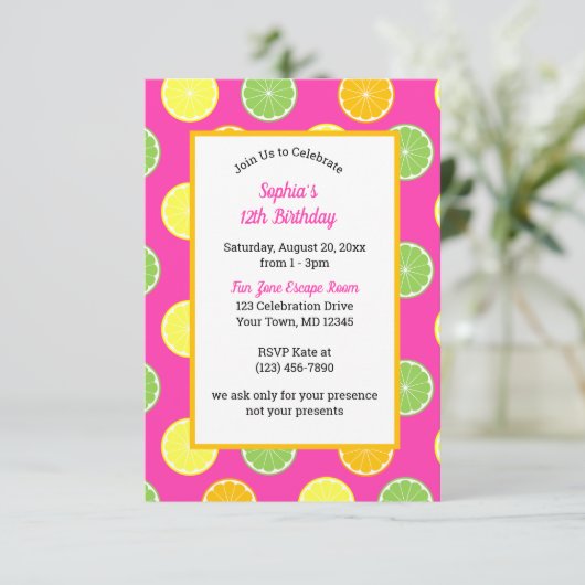 Citrus Slices Jeder Anlass Rosa Party Einladung (Stehend Vorderseite)