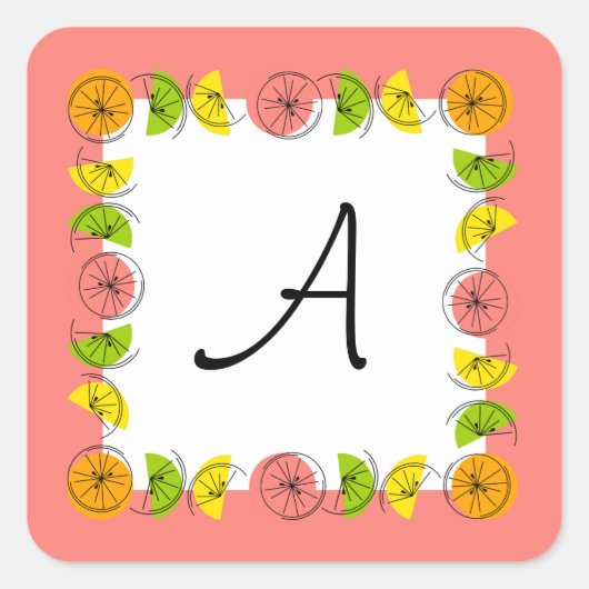 Citrus Square Pink Monogram Aufkleber Quadrat (Vorderseite)