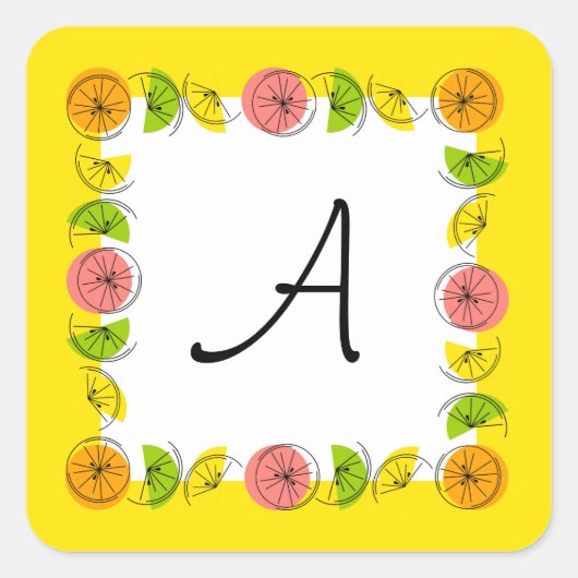 Citrus Square Yellow Monogram Aufkleber Quadrat (Vorderseite)