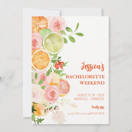 Citrus Summer Floral Bachelorette Wochenende Einladung (Vorderseite)