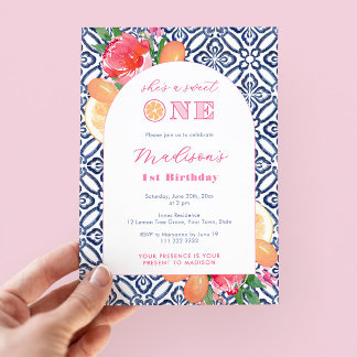 Citrus Sweet One Blue Tile 1. Geburtstag Party Einladung