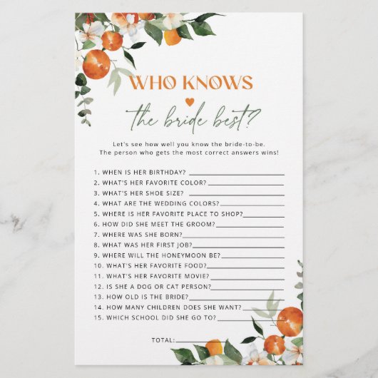 Citrus Thema Wer kennt das beste Spiel der Braut (Vorderseite)