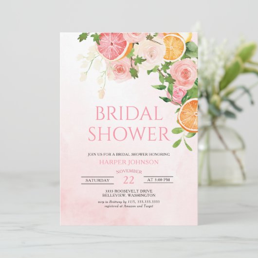 Citrus Theme Frucht Blumengebäck Brautparty Einladung (Stehend Vorderseite)