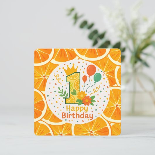 Citrus-Themed First Birthday Number "1" Dankeskarte (Stehend Vorderseite)