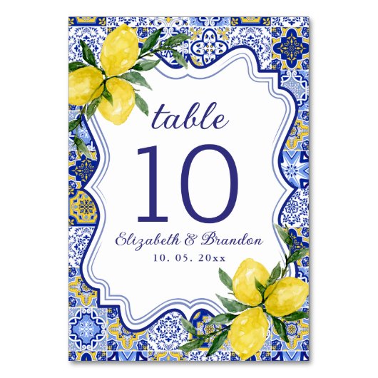 Citrus & Tile Mediterranean Wedding Celebration Tischnummer (Vorderseite)