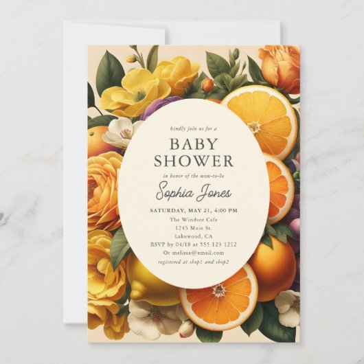Citrus Vibrant Bloom Cotages Babydusche Einladung (Vorderseite)