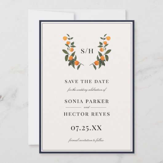 Citrus Wappen Monogram Save The Date (Vorderseite)