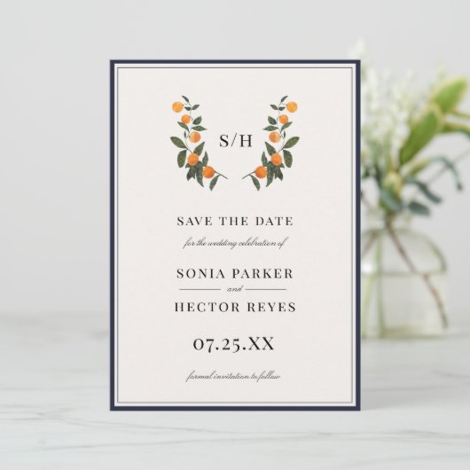 Citrus Wappen Monogram Save The Date (Stehend Vorderseite)