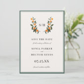 Citrus Wappen Monogram Save The Date (Stehend Vorderseite)