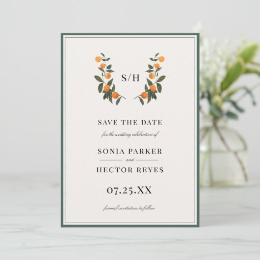 Citrus Wappen Monogram Save The Date (Stehend Vorderseite)