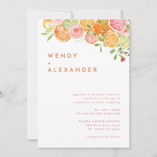 Citrus Wasserfarbendetails in einer Hochzeit Einladung (Vorderseite)