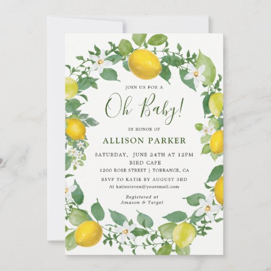 Citrus Watercolor Lemon Themed Baby Dusche Einladung (Vorderseite)