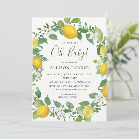 Citrus Watercolor Lemon Themed Baby Dusche Einladung (Stehend Vorderseite)