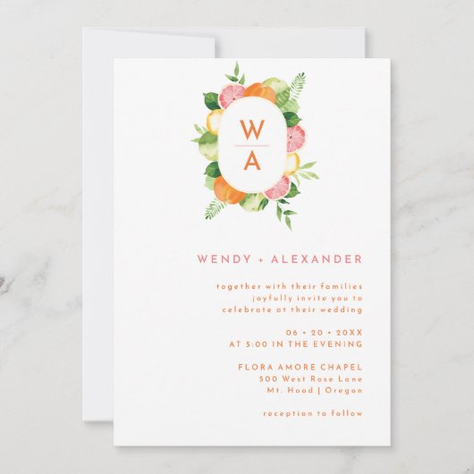 Citrus Watercolor Monogram Wappen Hochzeitdetails Einladung (Vorderseite)
