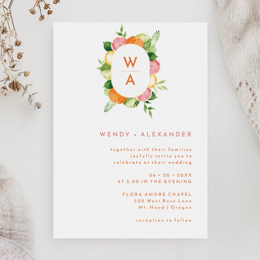 Citrus Watercolor Monogram Wappen Wedding Einladung