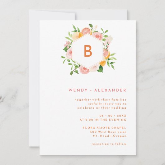 Citrus Watercolor Monogram Wedding Details und Einladung (Vorderseite)
