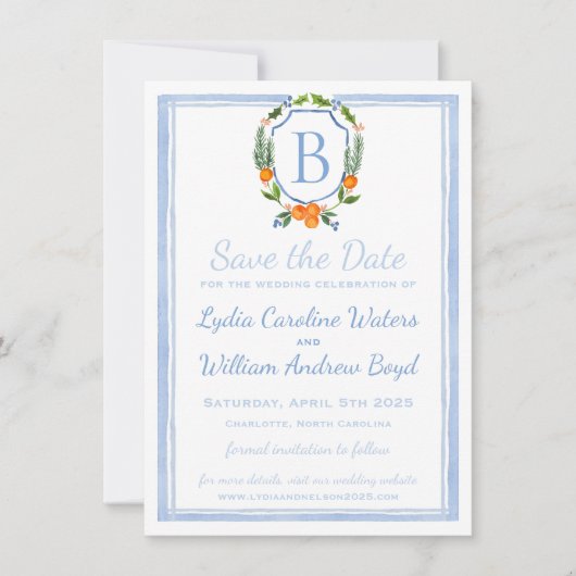 Citrus Watercolor Wappen, Chinoiserie Wedding Save The Date (Vorderseite)