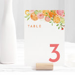 Citrus Watercolor Wedding Tischnummer<br><div class="desc">Entspannen Sie in unserem lebendigen Citrus Watercolor Wedding Tischnummer Design, wo jedes Detail mit tropischem Charme und farbenfroher Freude aufbricht. Tauchen Sie ein in die erfrischende Schönheit weißer Landschaften mit lebhaften Aquarellbildern mit Orangen, Limetten, rosafarbenen Pampelmusen und zarten rosa Blume, die mit üppiger Vegetation verwoben sind. Der typografische Schriftart in...</div>