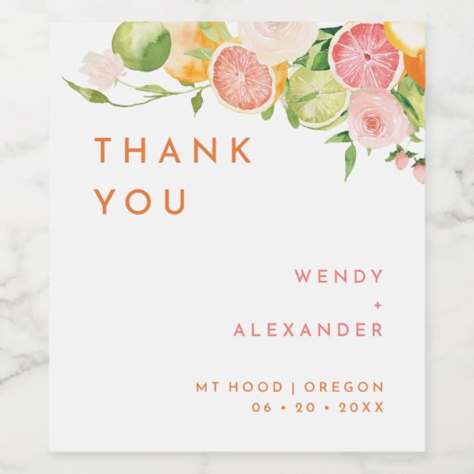 Citrus Watercolor Wedding Vielen Dank Weinetikett (Einzelnes Label)