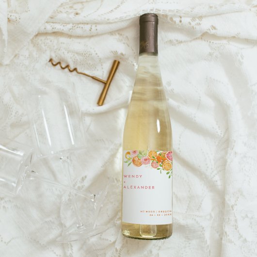 Citrus Watercolor Wedding Weinetikett