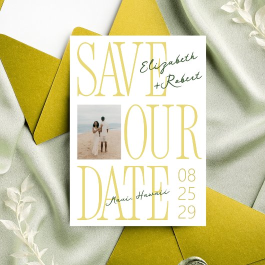 Citrus Yellow & Green Typography Stylish Wedding Save The Date