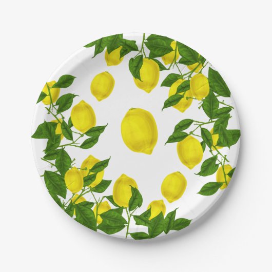 Citrus Yellow Lemon Green Blätter Wedding Party Pappteller (Vorderseite)