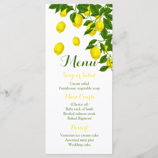Citrus Yellow Menu Lemon & Green Wedding Party Menükarte (Vorderseite)
