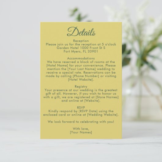 Citrus Yellow Olive Green and Ivory Wedding Detail Begleitkarte (Stehend Vorderseite)