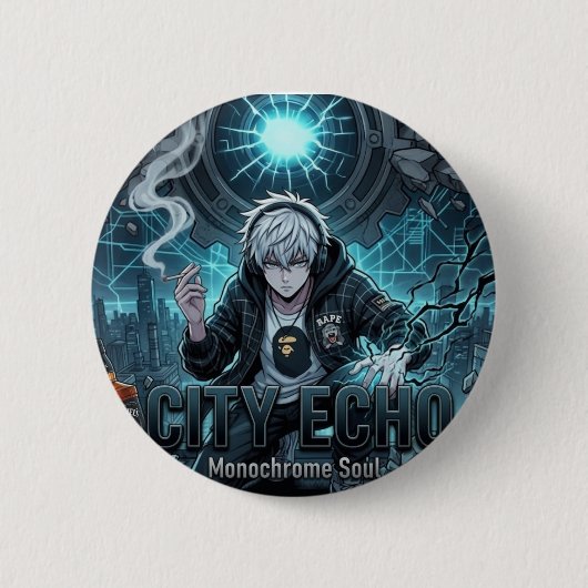 City Echo Monochrome Seele Cyberpunk Anime Junge P Button (Vorderseite)