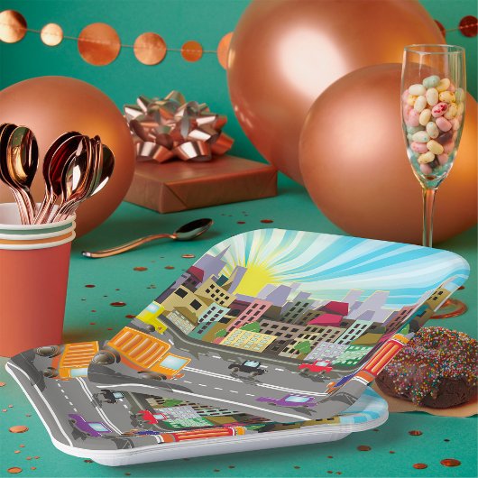 City Highway Cityscape und Verkehr Pappteller