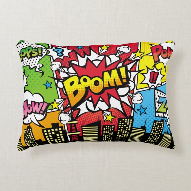 City-Hintergrundmaterial mit Comic Art Spee Dekokissen (Vorderseite)