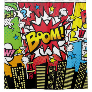 City-Hintergrundmaterial mit Comic Art Spee Duschvorhang