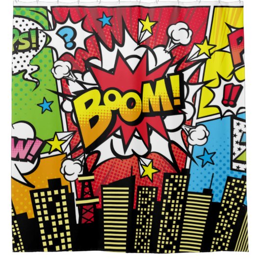 City-Hintergrundmaterial mit Comic Art Spee Duschvorhang (Vorderseite)