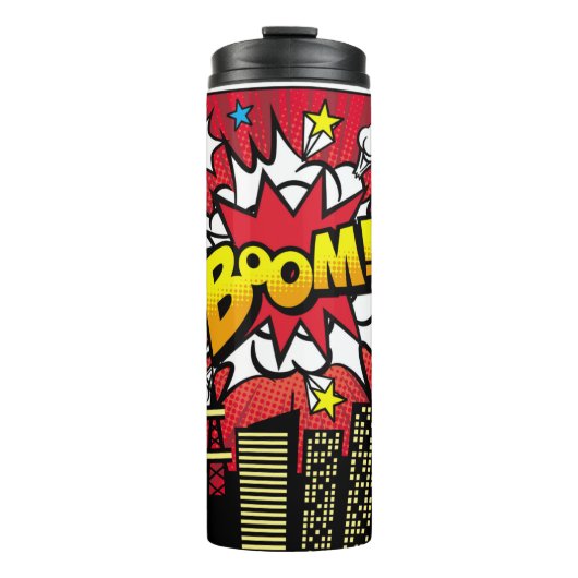 City-Hintergrundmaterial mit Comic Art Spee Thermosbecher (Vorderseite)