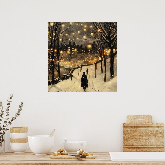 City Lights Winter Men in Black on Sidewalk Poster (Küche)