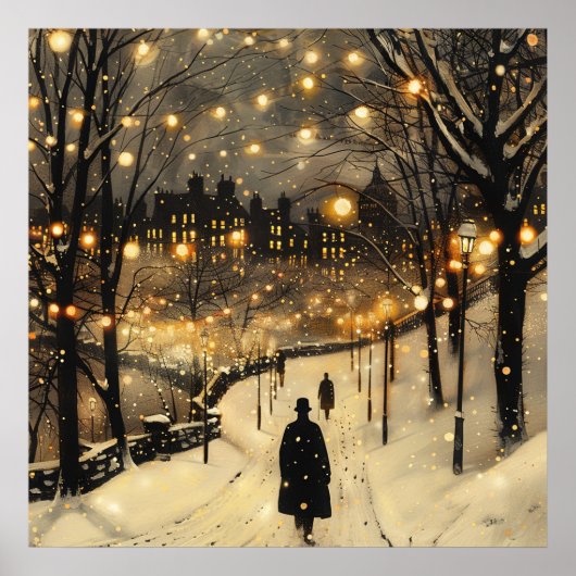 City Lights Winter Men in Black on Sidewalk Poster (Vorne)