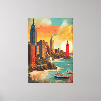 City Meets Sea - Lighthouse Skyline Fantasy Leinwanddruck