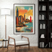 City Meets Sea - Lighthouse Skyline Fantasy Poster