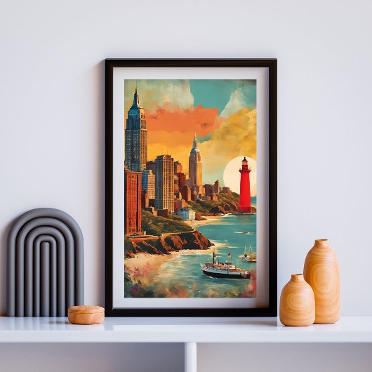 City Meets Sea - Lighthouse Skyline Fantasy Poster