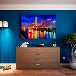 City Neon River Wolkenkratzer helle bunt Kunst Poster
