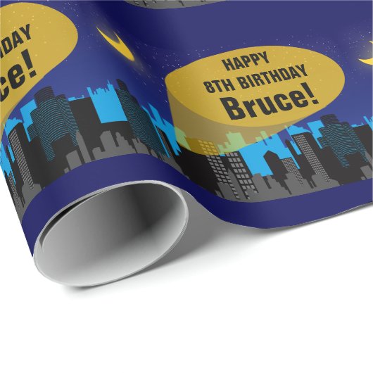 City Night Skyline Superhero Boys Geburtstagsparty Geschenkpapier (Rolleneckpunkt)