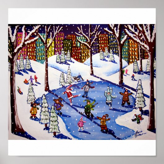 City NYC Ice Skaten Fun Winter Folklorekunst Print Poster (Vorne)