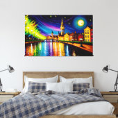 City River Abend Wasserfarbene Mondsterne Leinwanddruck (Insitu (Schlafzimmer))