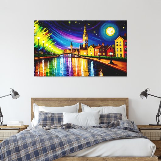 City River Abend Wasserfarbene Mondsterne Leinwanddruck (Insitu (Schlafzimmer))