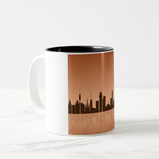 City Skyline bei Morgendämmerung Tasse (Vorderseite Links)