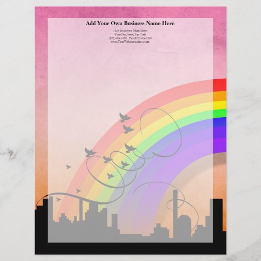 City Skyline mit Regenbogen und Vögeln fliegen Briefkopf (Vorderseite)