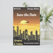 City Skyline Sunset Retro Hochzeit Save The Date (Stehend Vorderseite)